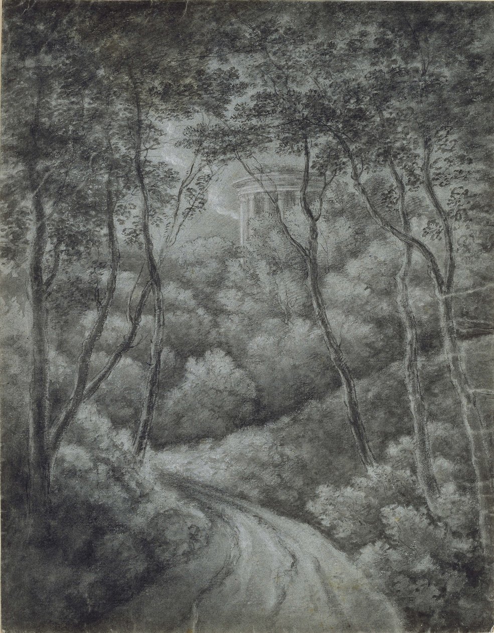 Landschaft mit einem Pfad durch einen Wald und einem klassischen Tempel von John Baptist Malchair