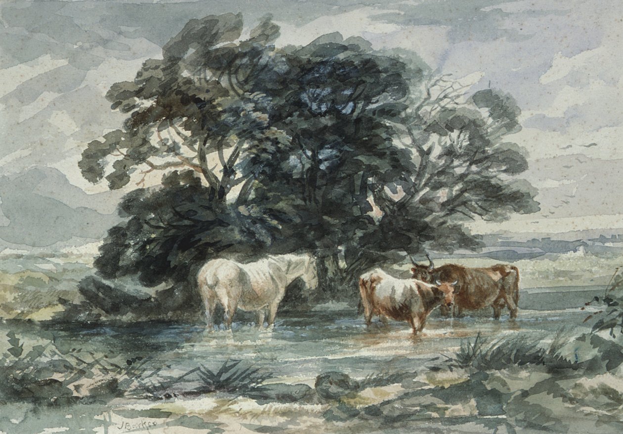 Landschaft, zwei Kühe und ein Pferd im Wasser (Skizze) von John Barker