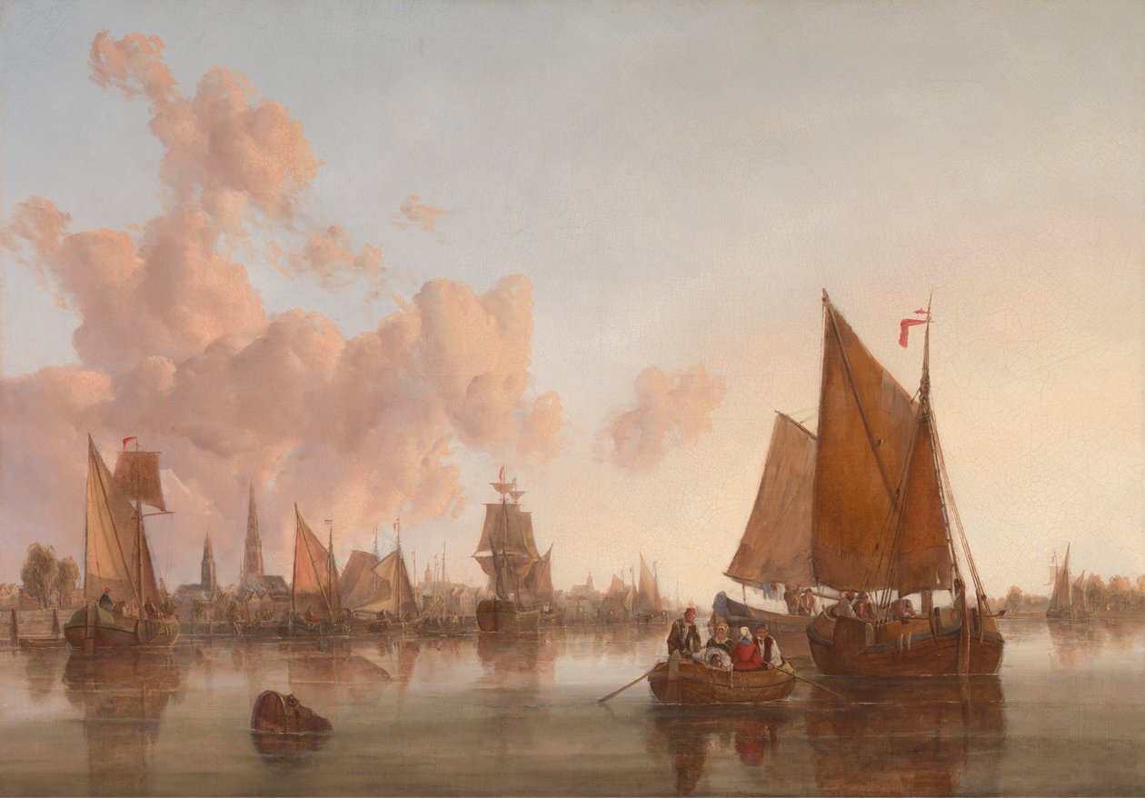 Segelboote und Lastkähne auf einem niederländischen (?) Ästuar von John Berney Crome