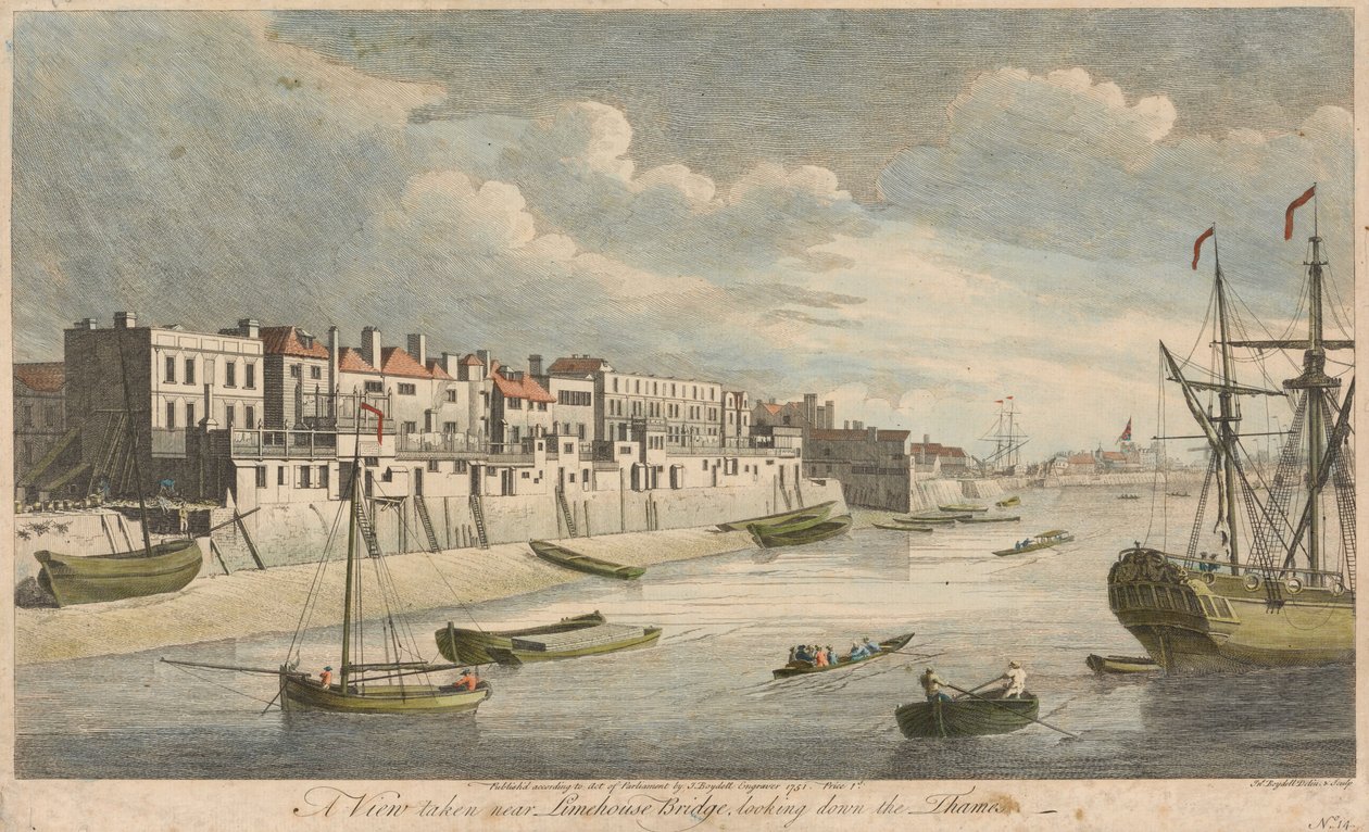Eine Ansicht nahe der Limehouse-Brücke, den Fluss Thames hinunterblickend von John Boydell