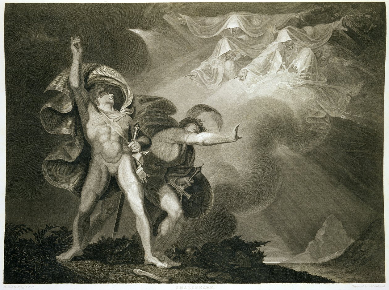 Macbeth, Banquo und die drei Hexen auf der Heide in Akt I, Szene III von Macbeth von William Shakespeare (1564-1616) veröffentlicht 1805 von John Boydell