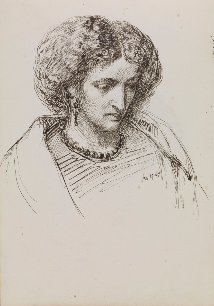 Porträtskizze von Frau mit niedergeschlagenen Augen von John Brett