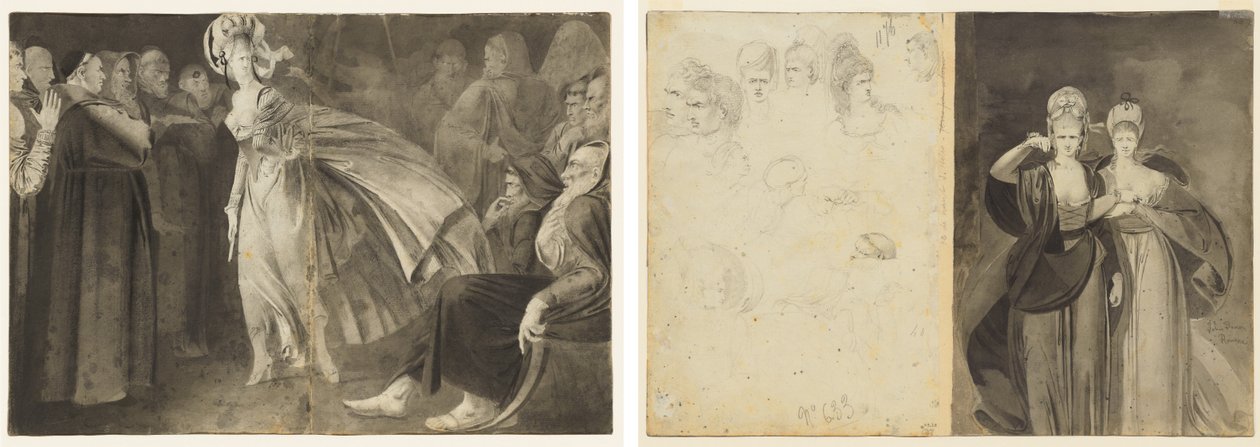Frau unter den Mönchen stehend (recto) Skizzen von Köpfen (verso, links); Zwei Frauen (verso, rechts) von John Brown