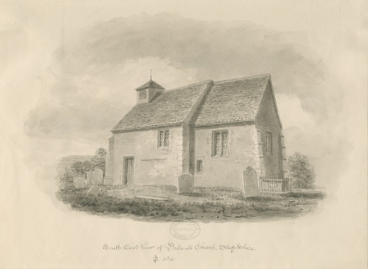Bednall Kirche: Sepiazeichnung, 1841 von John Buckler