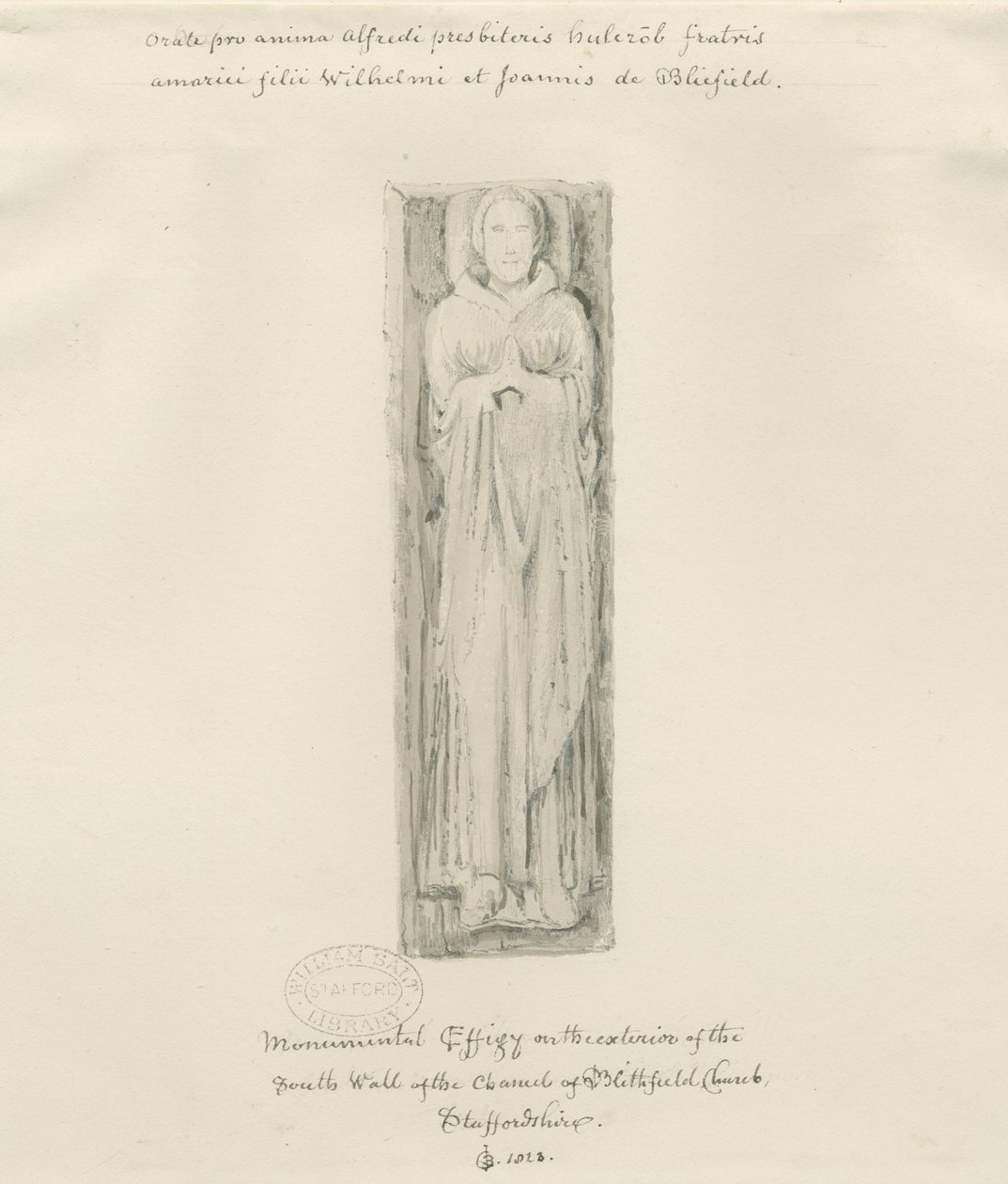 Blithfield Kirche - Monumentale Figur: Getönte Zeichnung, 1823 von John Buckler
