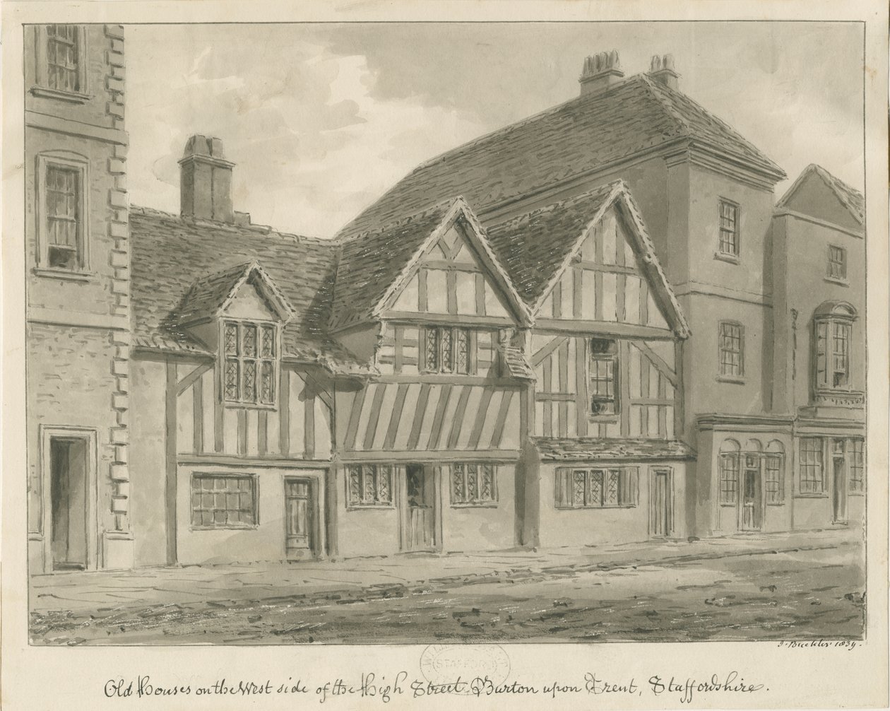 Burton-upon-Trent - Alte Häuser in der High Street: Sepia-Zeichnung, 1839 von John Buckler