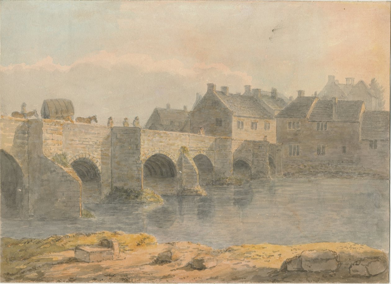 Burton-upon-Trent Brücke und Stadt: Aquarell, 18. Jahrhundert von John Buckler