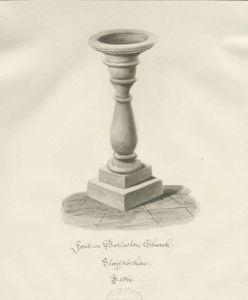 Taufbecken in der Barlaston Kirche: Sepiawaschzeichnung, 1844 von John Buckler