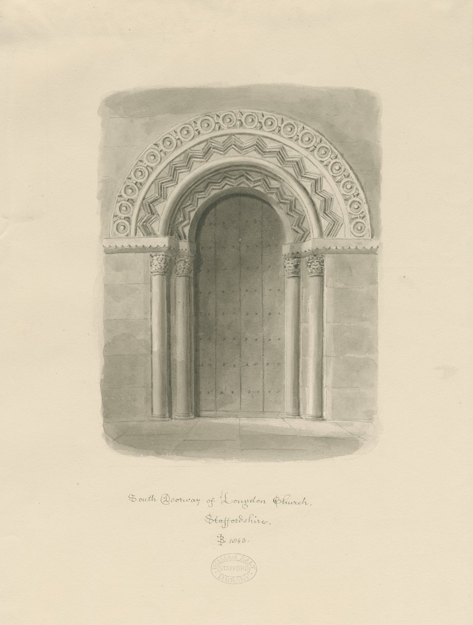 Longdon Church - Südportal: Sepia-Zeichnung von John Buckler