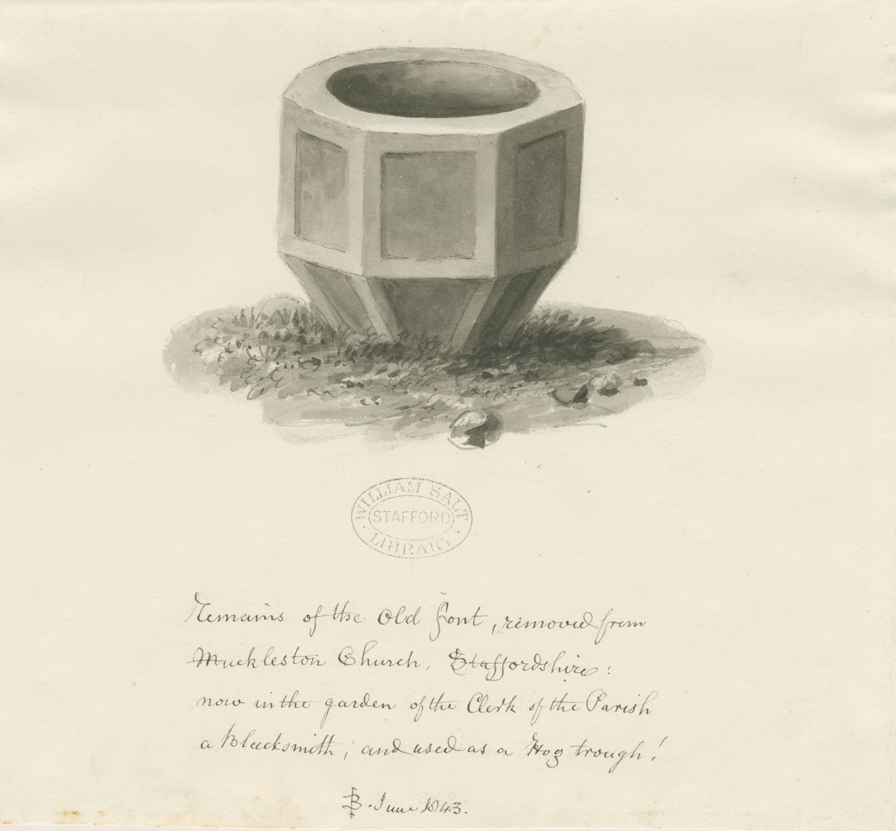Altes Taufbecken aus der Kirche von Mucklestone von John Buckler