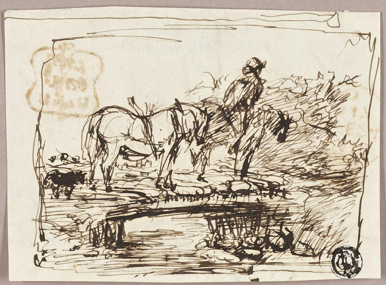 Skizze von Pferden, die eine Brücke überqueren von John Burnet
