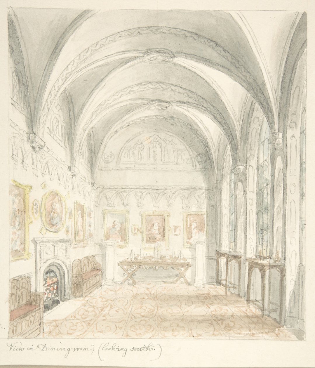 Lea Castle, Worcestershire, Speisesaal Blick nach Süden, ca. 1816 von John Carter.