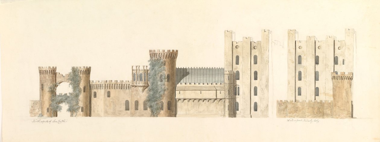 Nordansichten von Lea Castle und Westansicht von Wolverly, Cookly, Worcestershire, ca. 1816 von John Carter.