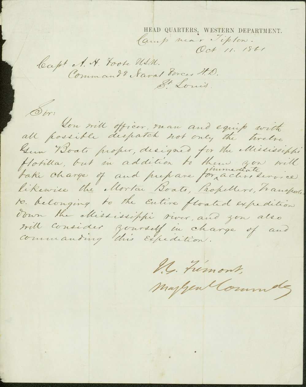 Brief unterschrieben J.C. Fremont, Major General Commanding, Hauptquartier, Western Department, Lager bei Tipton, an Kapitän A.H. Foote, U.S.N. Kommandant der Marinekräfte H.D., St. Louis, 11. Oktober 1861 von John Charles Frémont