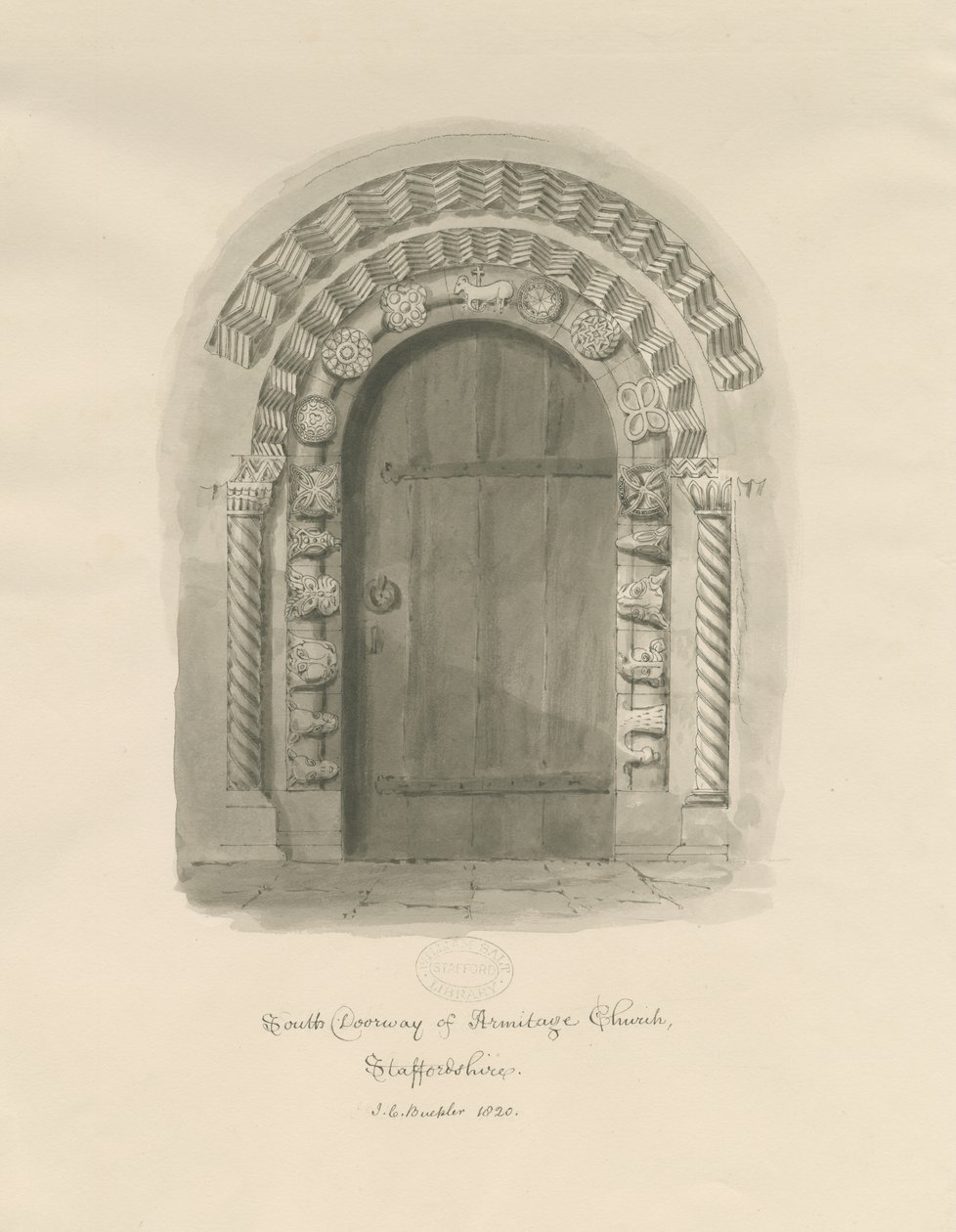 Armitage Kirche - Südportal: Sepia-Zeichnung von John Chessell Buckler