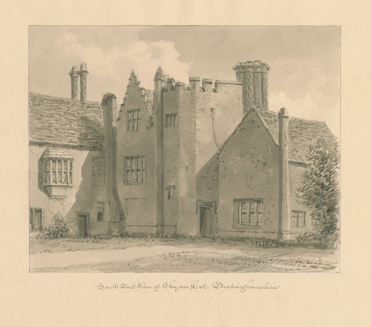 Buckinghamshire - Chenies Hall: Sepia-Zeichnung, 1824 von John Chessell Buckler