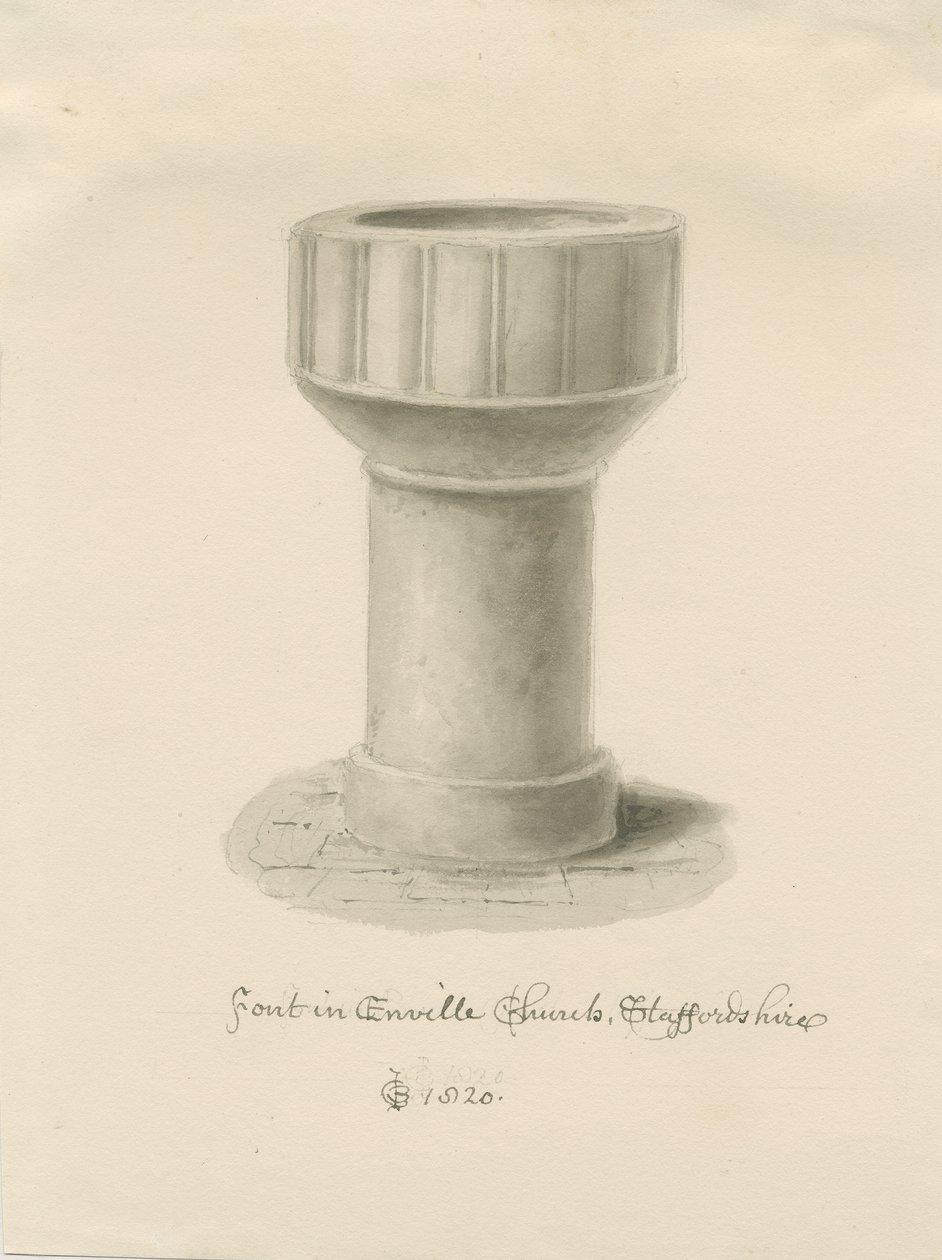 Taufbecken in der Enville Kirche: Sepiazeichnung, 1820 von John Chessell Buckler