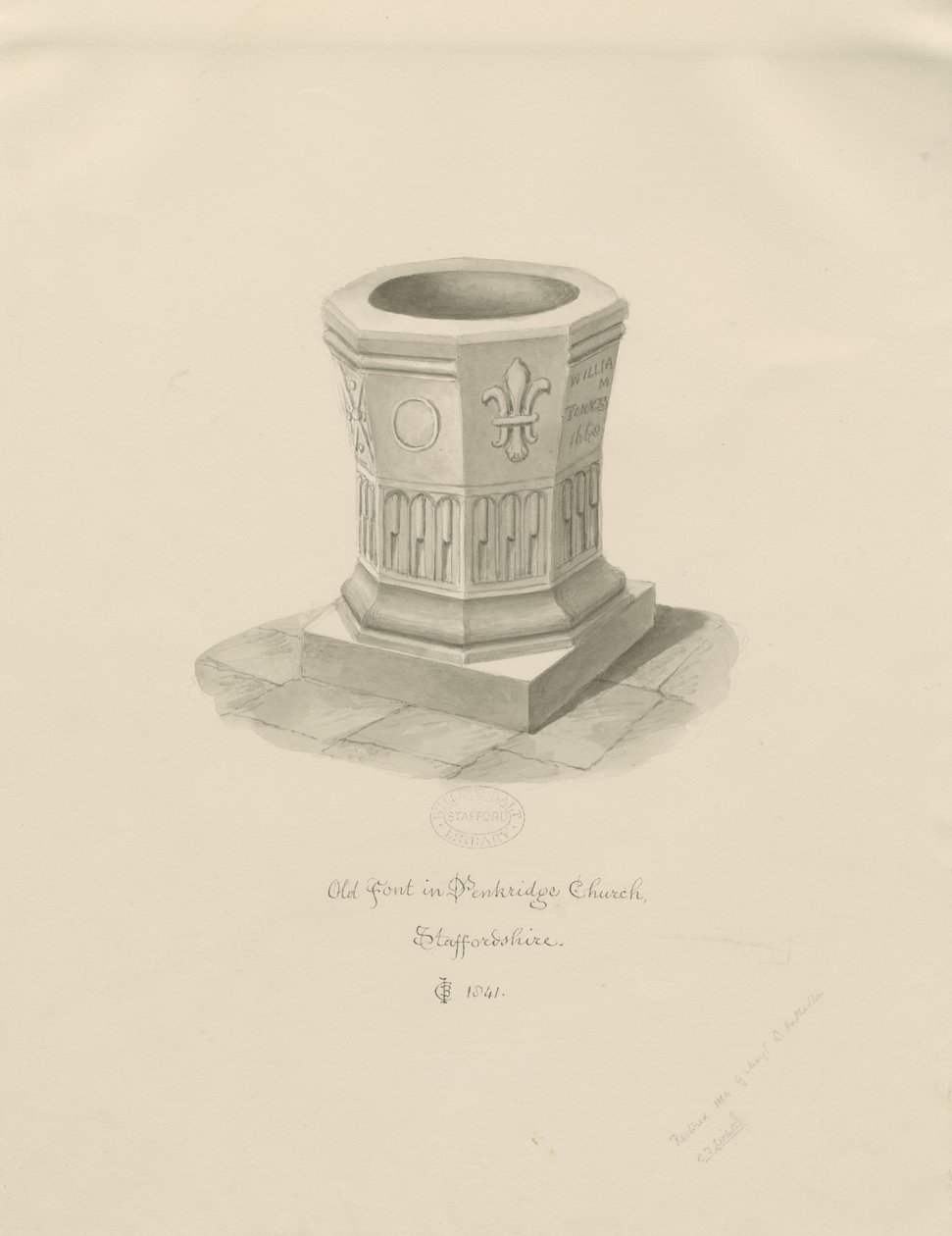 Taufbecken in der Kirche von Penkridge (1841) von John Chessell Buckler