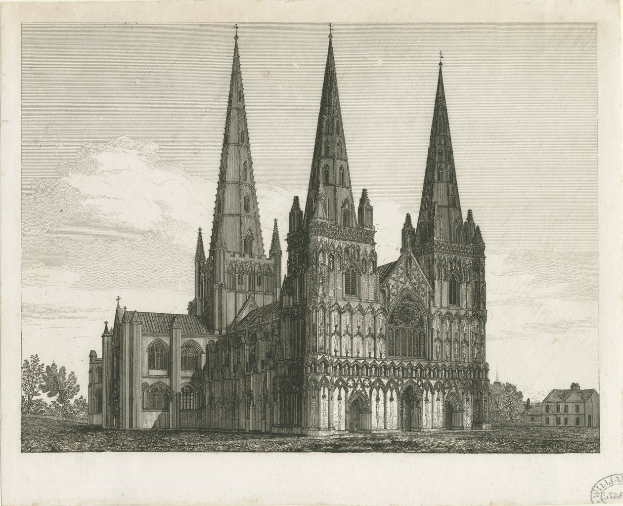 Lichfield-Kathedrale - Westfront: Gravur, nd [frühes 19. Jahrhundert] (Druck) von John Chessell Buckler