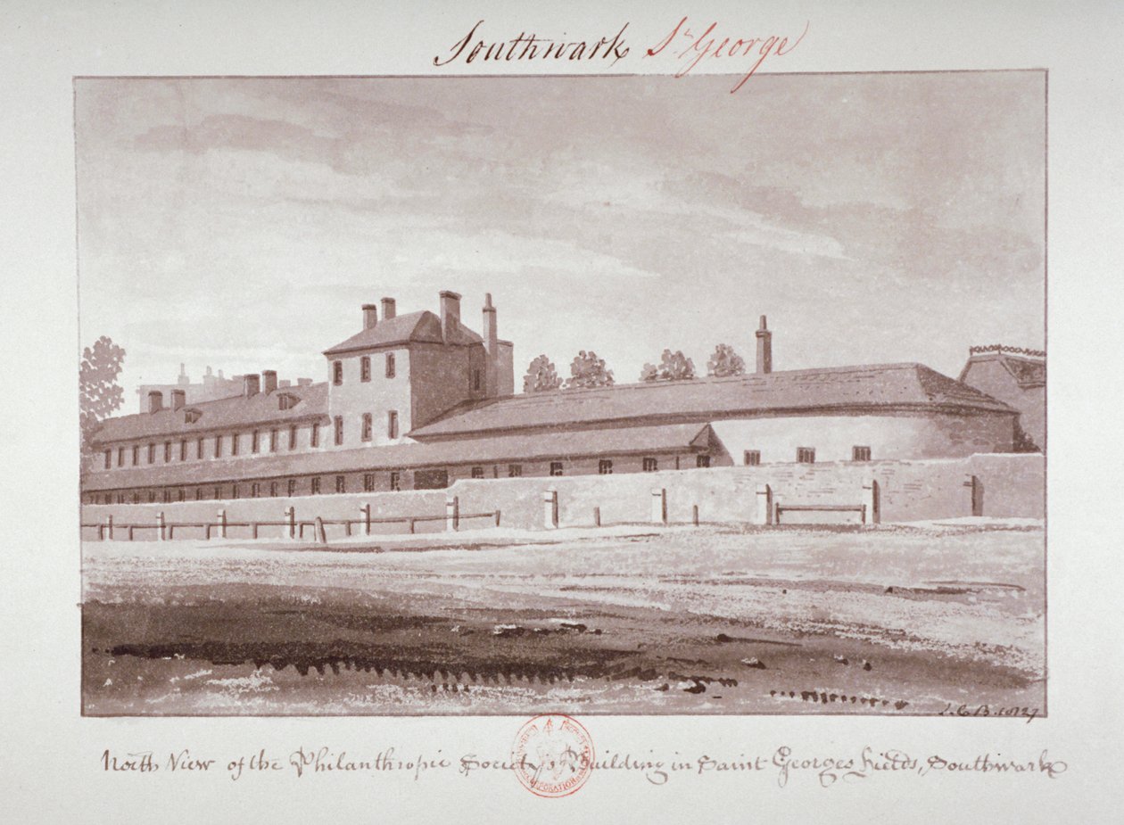 Nordansicht der Philanthropic Society Institution an der London Road, Southwark, London, 1827 von John Chessell Buckler
