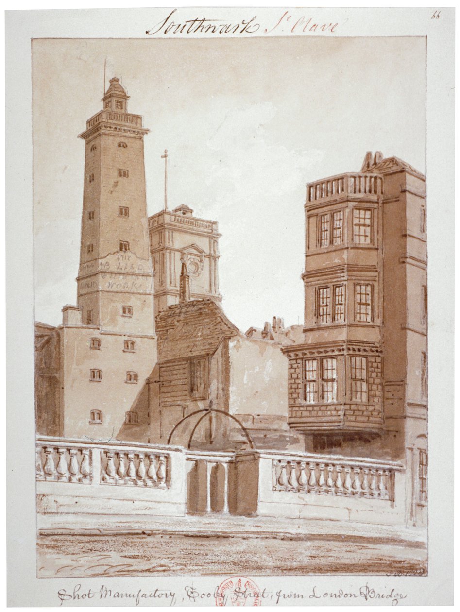 Shot Manufactory, Tooley Street, von der London Bridge, Bermondsey, London, 1828 von John Chessell Buckler