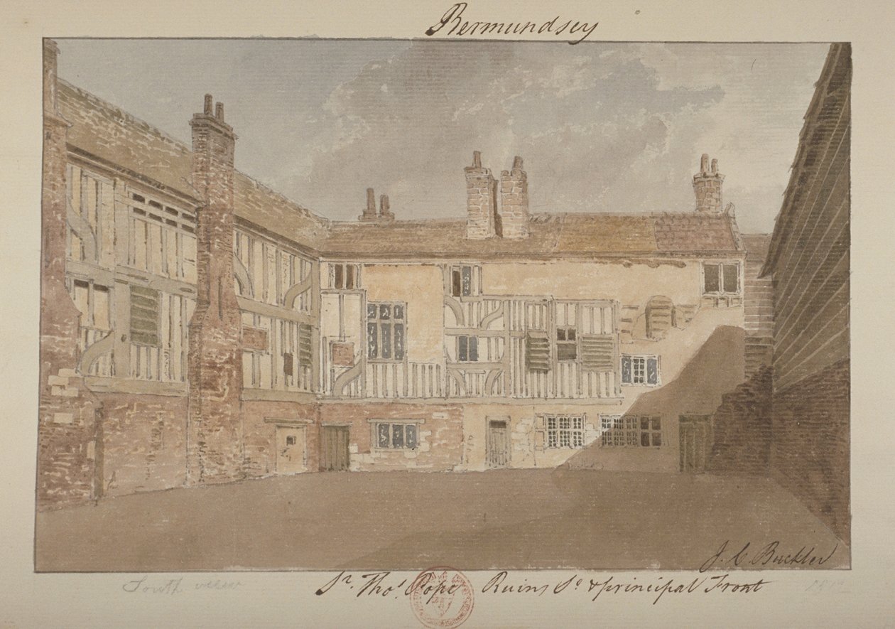 Südansicht der Ruinen von Bermondsey House, 1827 von John Chessell Buckler