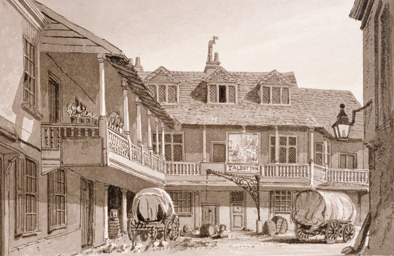 Das Tabard Inn in der Borough High Street, Southwark, London, 1827 von John Chessell Buckler