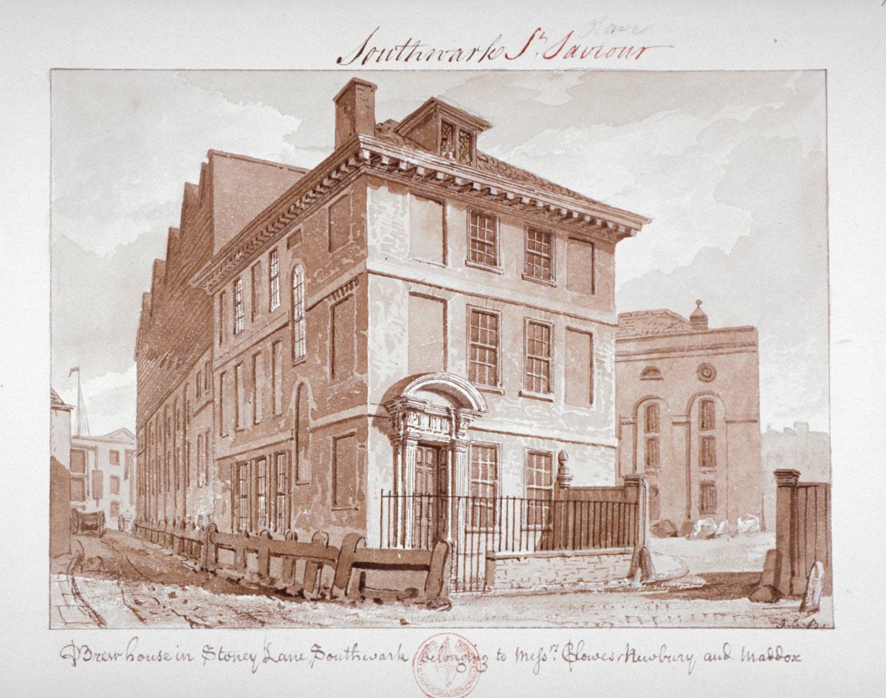 Ansicht eines Brauhauses in der Stoney Lane, Bermondsey, Southwark, London von John Chessell Buckler