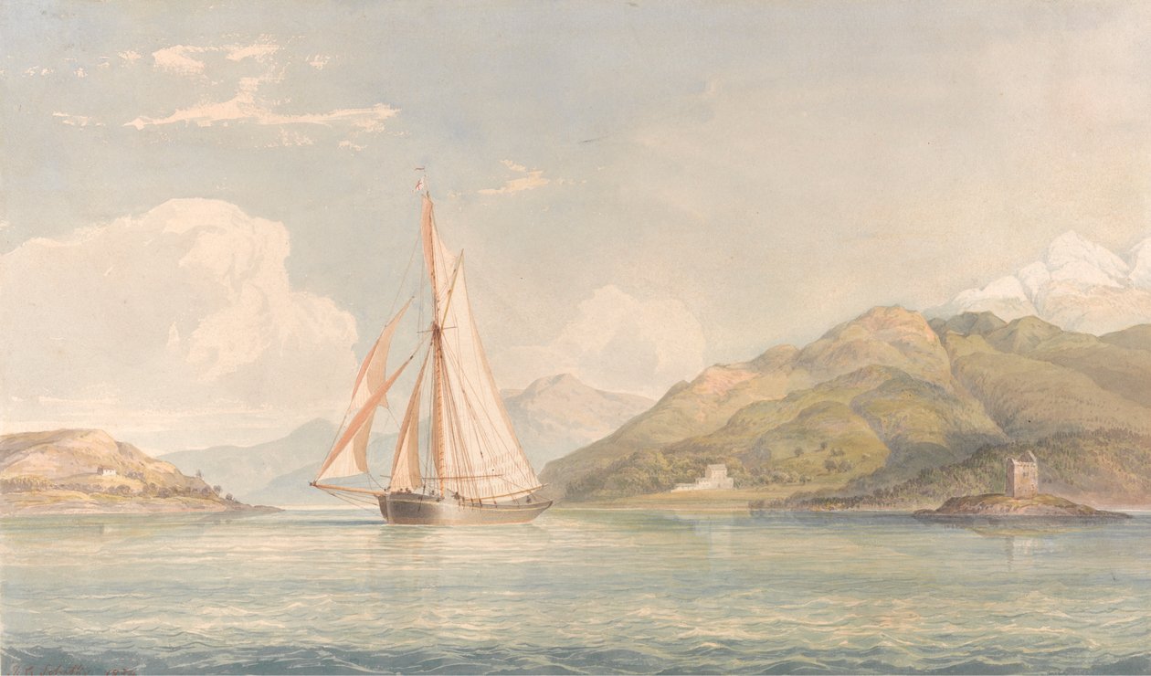 Boot segelt nach links mit Bergen im Hintergrund von John Christian Schetky