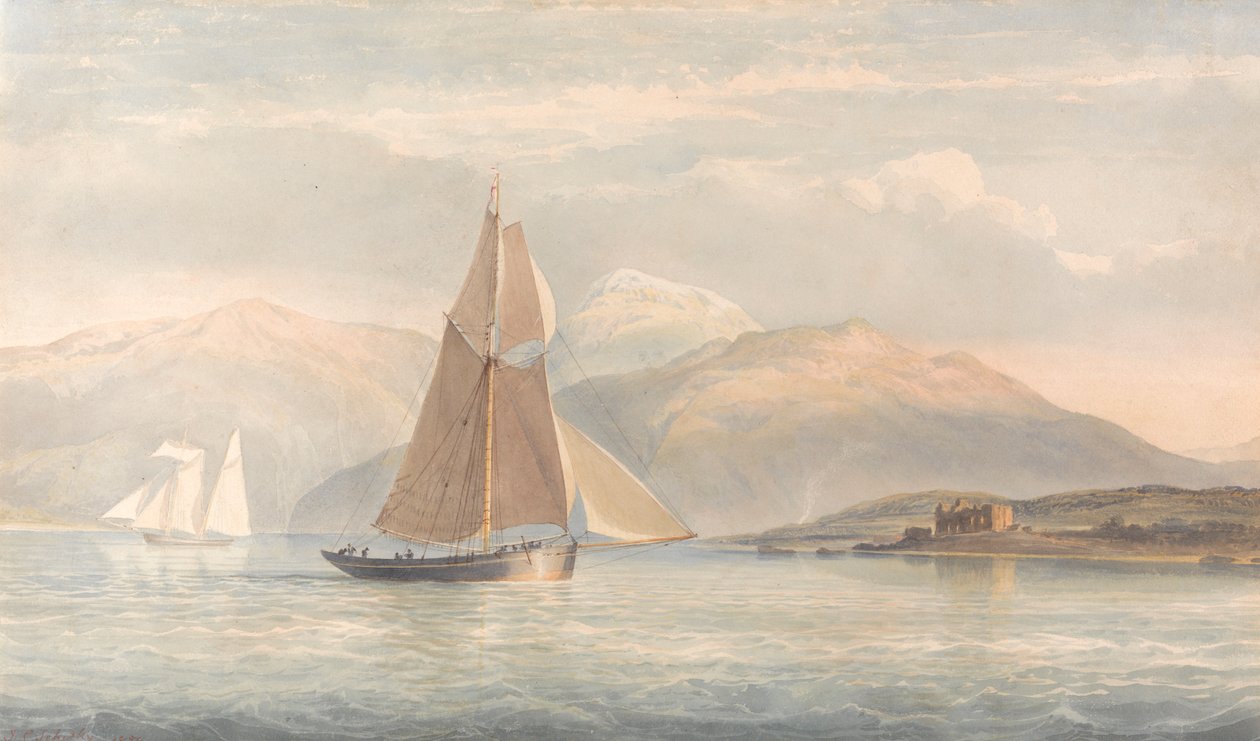 Boot segelt nach rechts mit Bergen im Hintergrund von John Christian Schetky