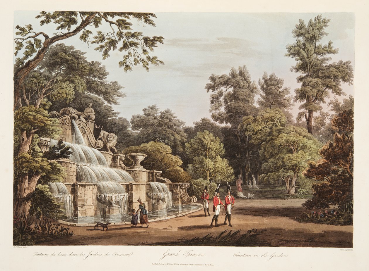 Grand Trianon, Brunnen im Garten, Illustration aus Versailles, Paris und Saint Denis, veröffentlicht 1805 von John Claude Nattes