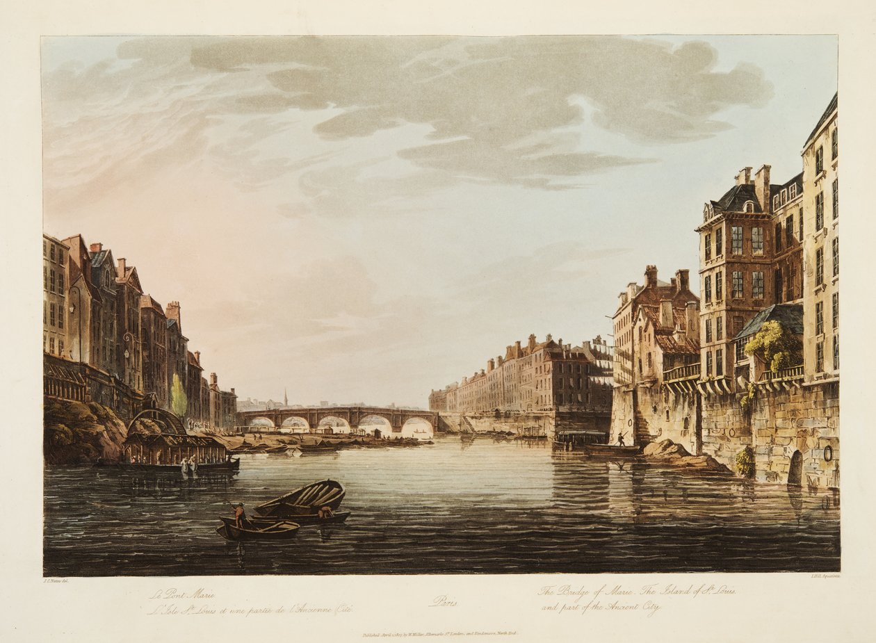 Die Brücke von Marie, Die Insel St. Louis und ein Teil der alten Stadt, Illustration aus Versailles, Paris und Saint Denis, veröffentlicht 1807 von John Claude Nattes