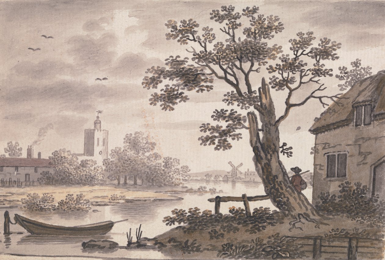 Flusslandschaft mit Kirche, Cottage und Windmühle von John Collet
