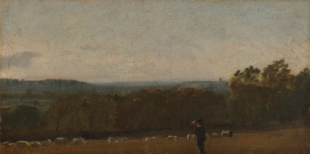 Ein Schäfer in einer Landschaft, der über das Dedham-Tal nach Langham schaut von John Constable