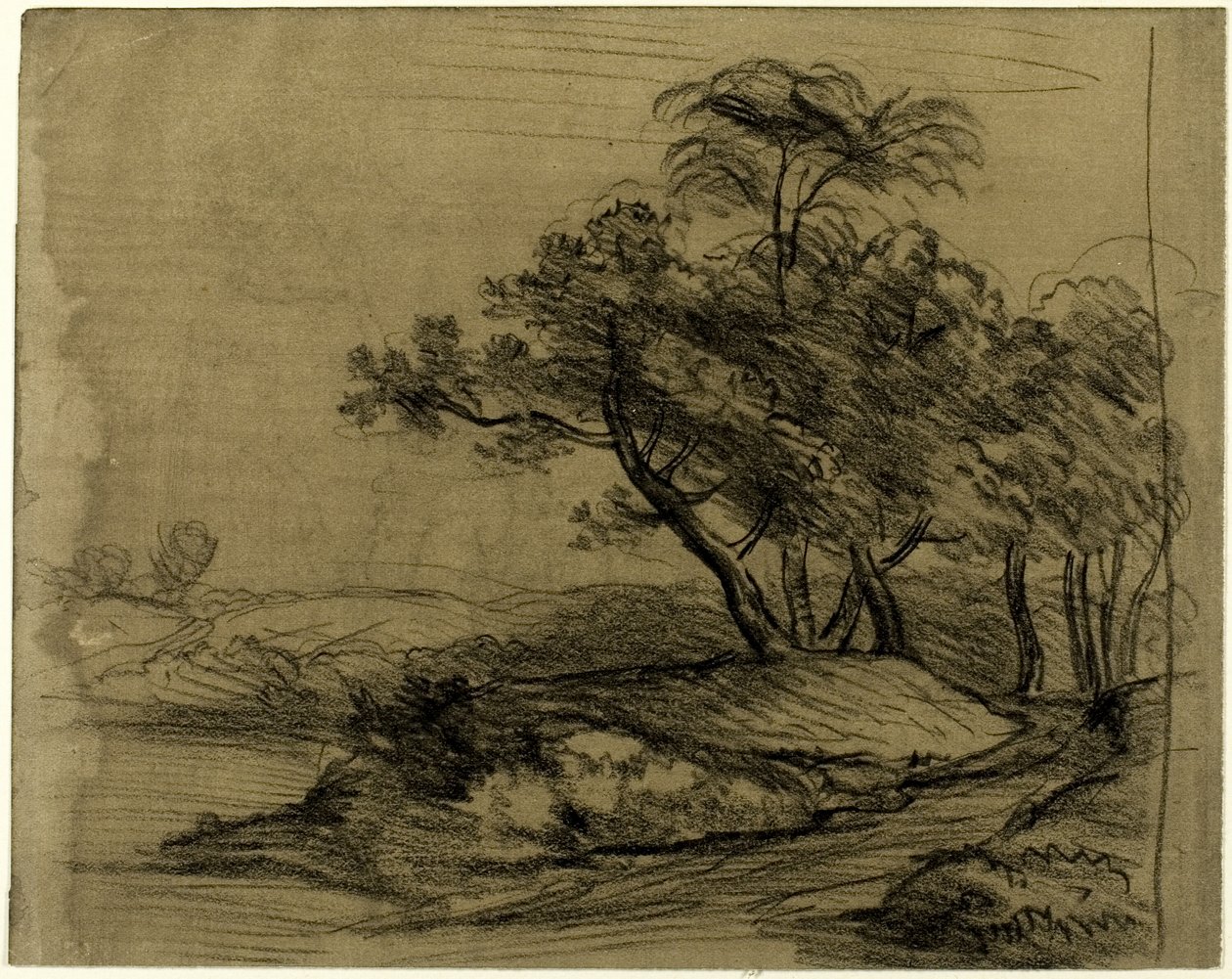 Flussufer mit Bäumen (recto); Viehherde unter Bäumen, mit eingefügter Skizze einer Landschaft (verso) von John Constable