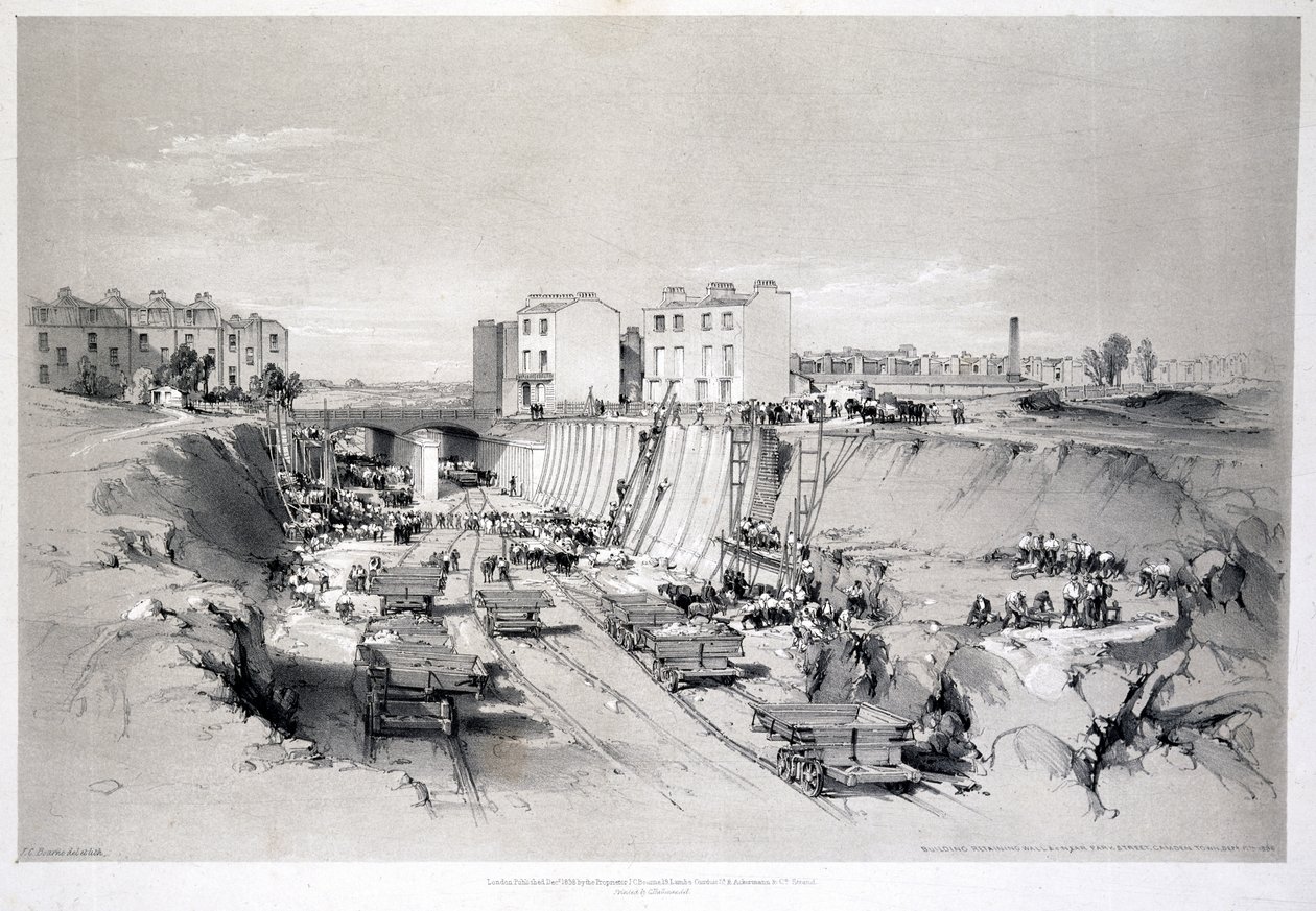 Bau der Stützmauern in der Park Street, Camden Town, 1836 von John Cooke Bourne