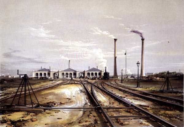 Exzenter zum Verschieben von Schienen, Lokomotivmaschinenhaus und stationäre Maschinenhauskamine von John Cooke Bourne