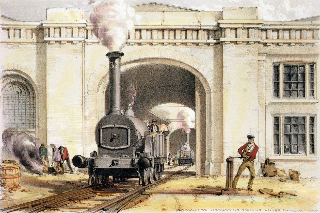 Eingang zum Lokomotivmaschinenhaus, Camden Town, graviert vom Künstler, 1839 von John Cooke Bourne