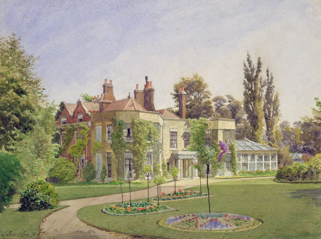 Ansicht des Vordereingangs und Gartens von Raleigh House, Brixton Hill, Lambeth, 1887 von John Crowther