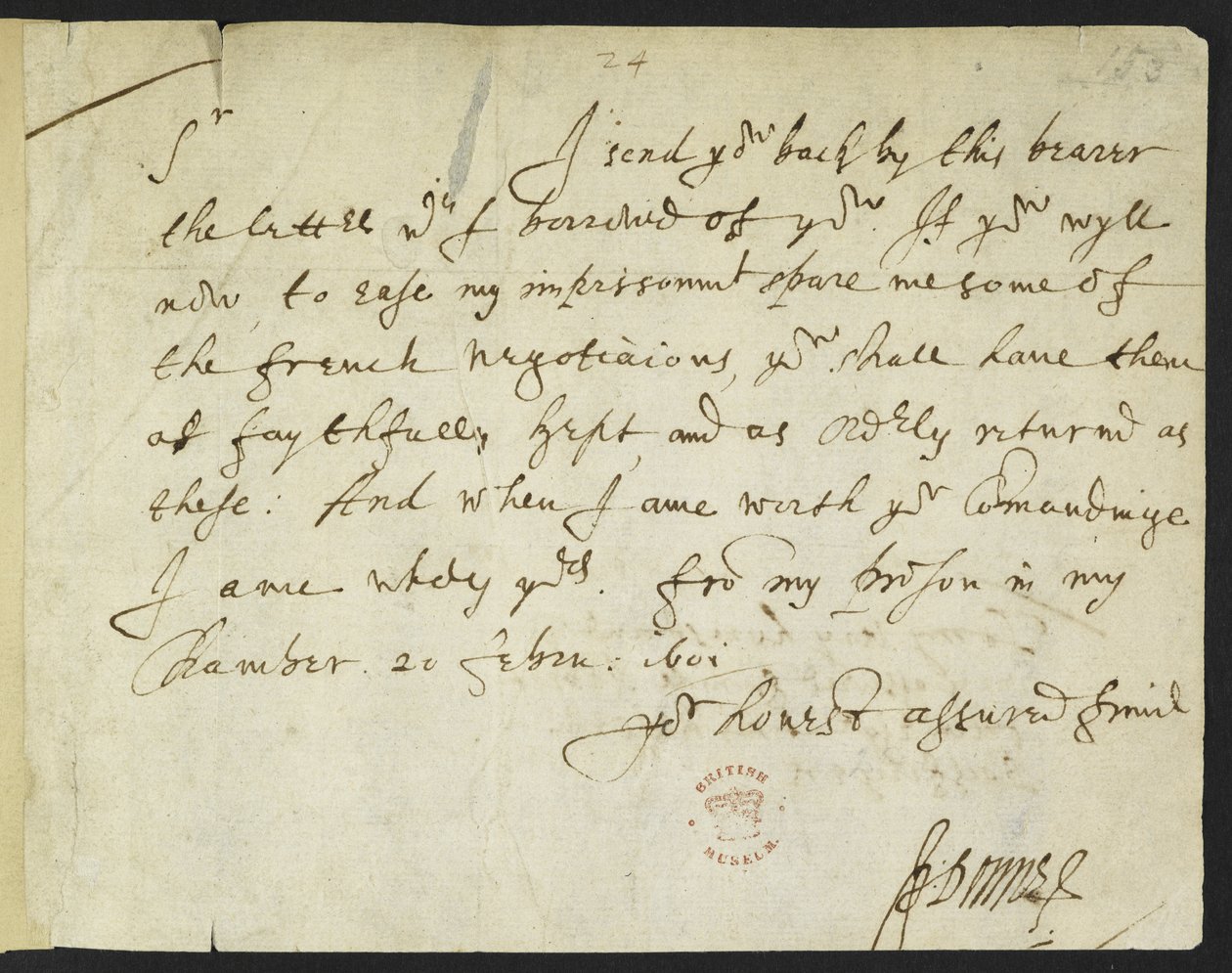 Autographenbrief von John Donne an Sir Robert Cotton, aus dem Gefängnis geschrieben von John Donne