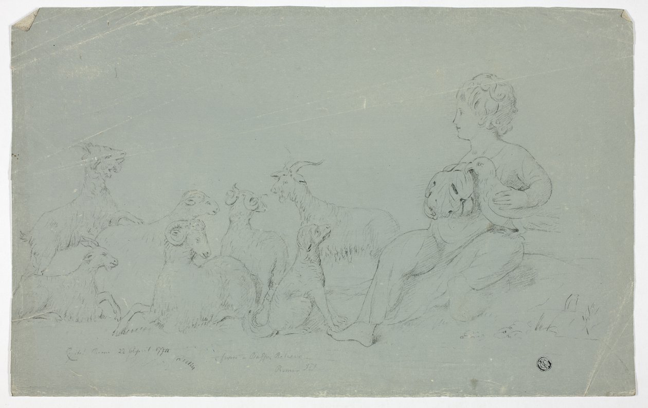 Antikes Basrelief mit sitzendem Jungen, der einen Falken hält, begleitet von Hund, Schaf und Ziegen von John Downman