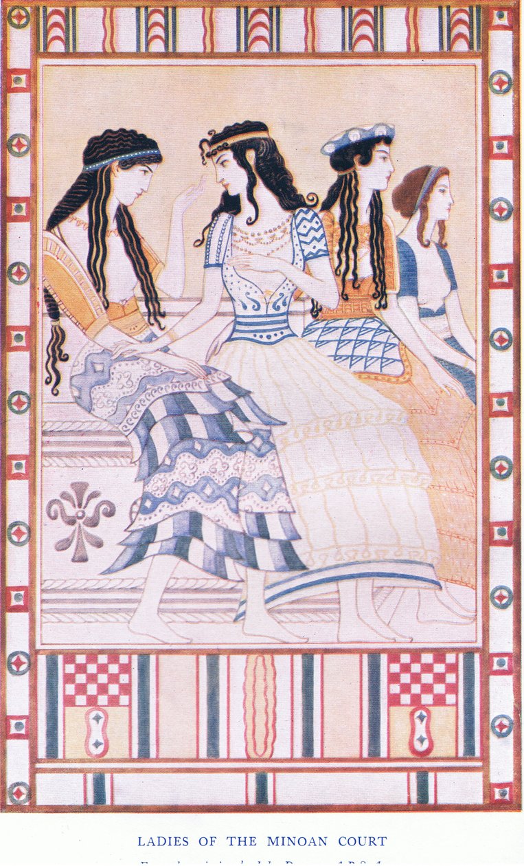 Damen des minoischen Hofes, Illustration aus Myths of Crete and Pre-Hellenic Europe, veröffentlicht von der Gresham Publishing Company Limited 1920er Jahre von John Duncan