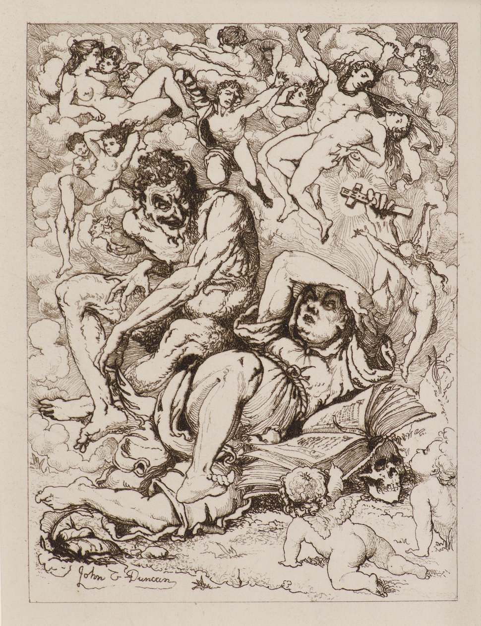 Liegende Figur mit Kreuz, der Teufel sitzt in der Nähe, umgeben von schwebenden Figuren von John Duncan