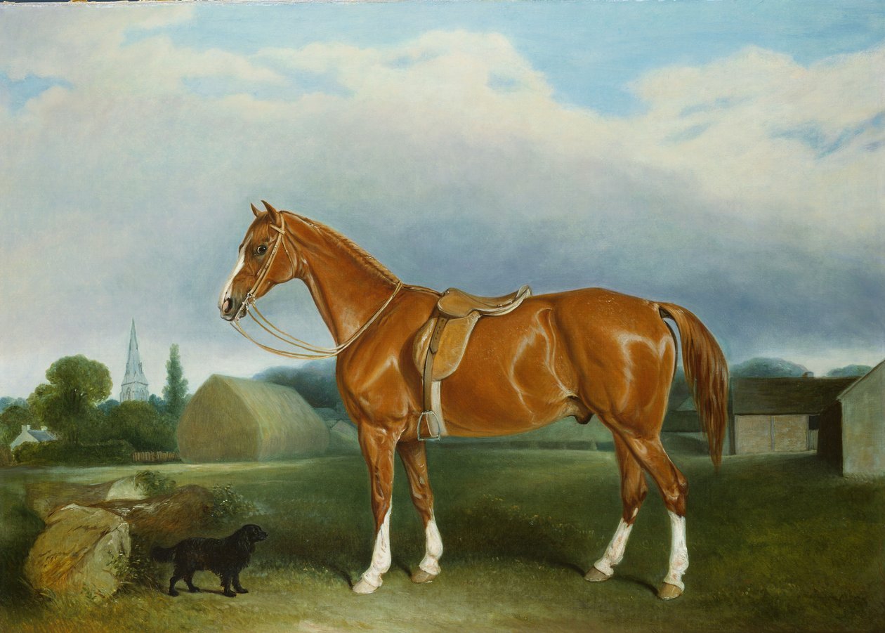 Ein Kastanienjäger und ein Spaniel bei Bauerngebäuden von John E. Ferneley
