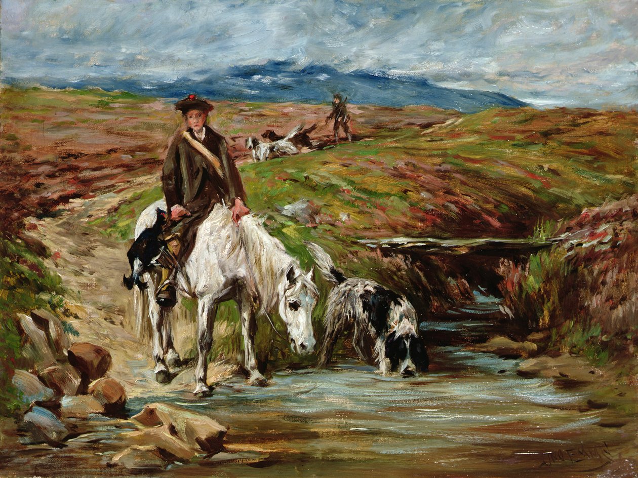 Pferd und Spaniel trinken aus einem Bach von John Emms