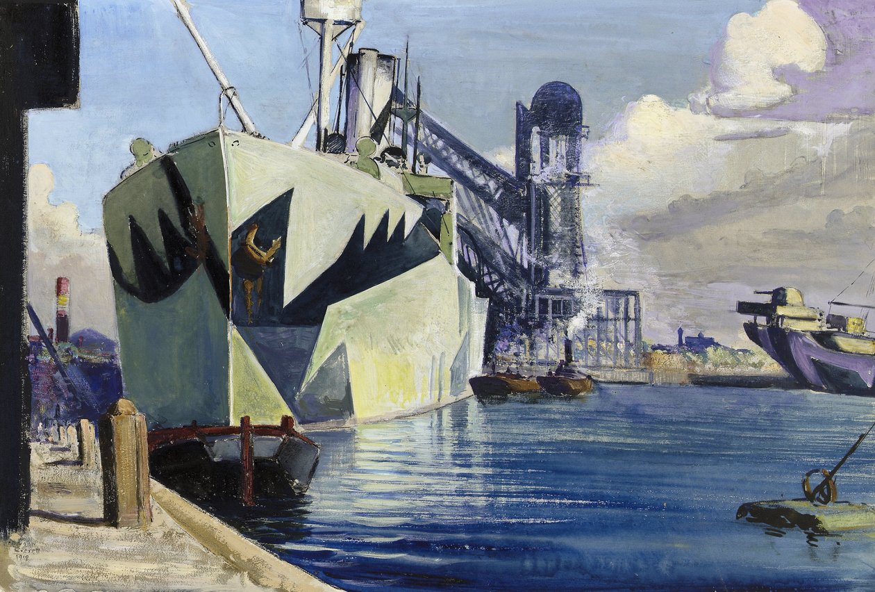 Dock Kanada in Liverpool, mit einem verankerten Kriegsschiff, bemalt mit bunter Tarnung von John Everett