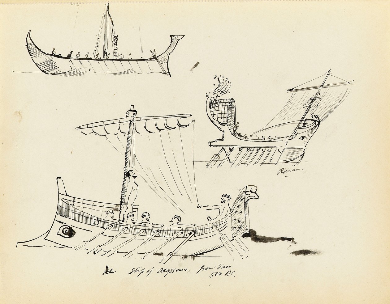 Skizzen früher Schiffe, darunter ein römisches Segel- und Ruderboot und das Schiff des Odysseus, 500 v. Chr. (von einer Vase), frühes 20. Jahrhundert von John Everett