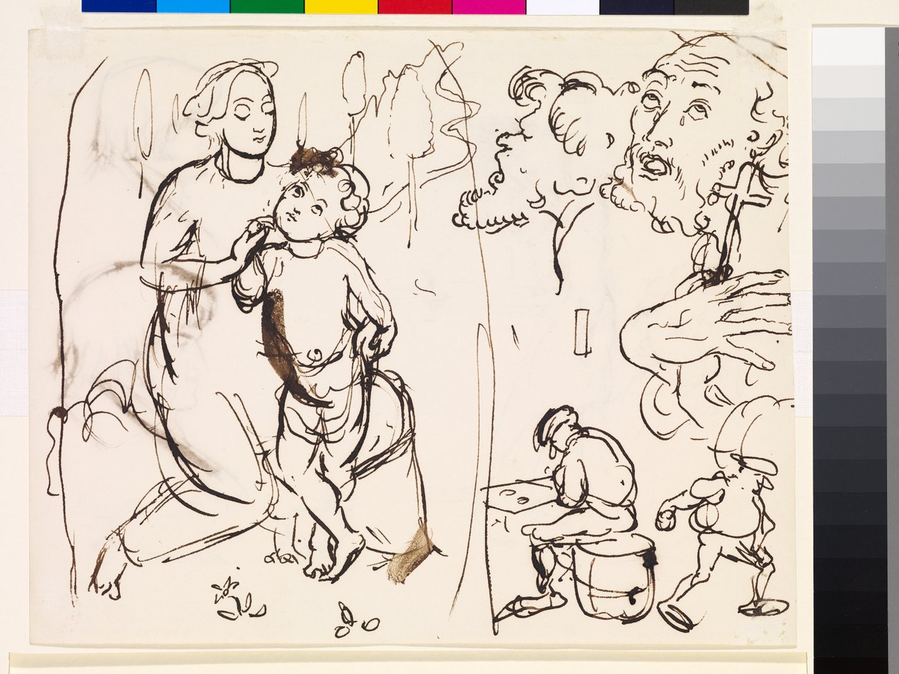 Blatt mit Studien, die den post-raffaelitischen Stil karikieren, 1853 von John Everett Millais