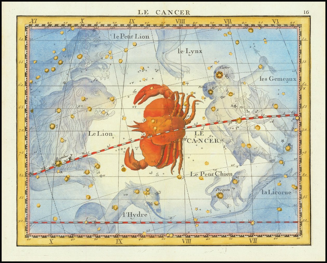 1776 Karte des Sternbilds Krebs und benachbarter Sternbilder, aus Fortins Atlas Celeste de Flamsteed von John Flamsteed