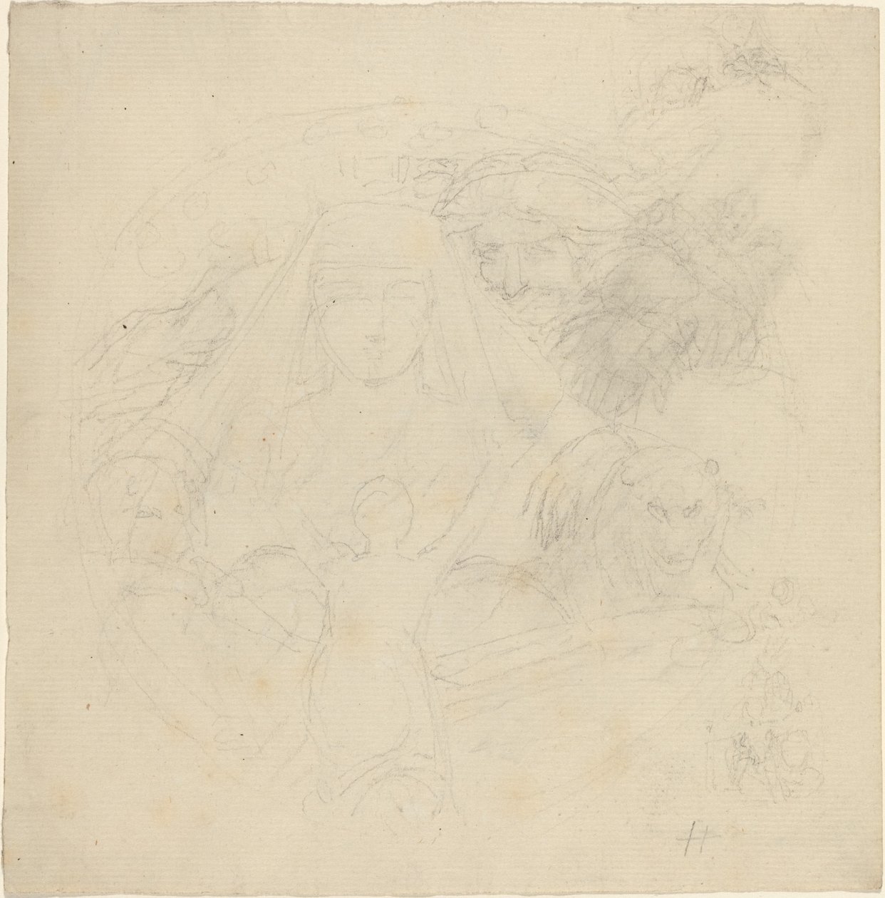 Von hinten gesehene Figur, die zu einer Erscheinung eines Kopfes mit Löwen darunter betet von John Flaxman